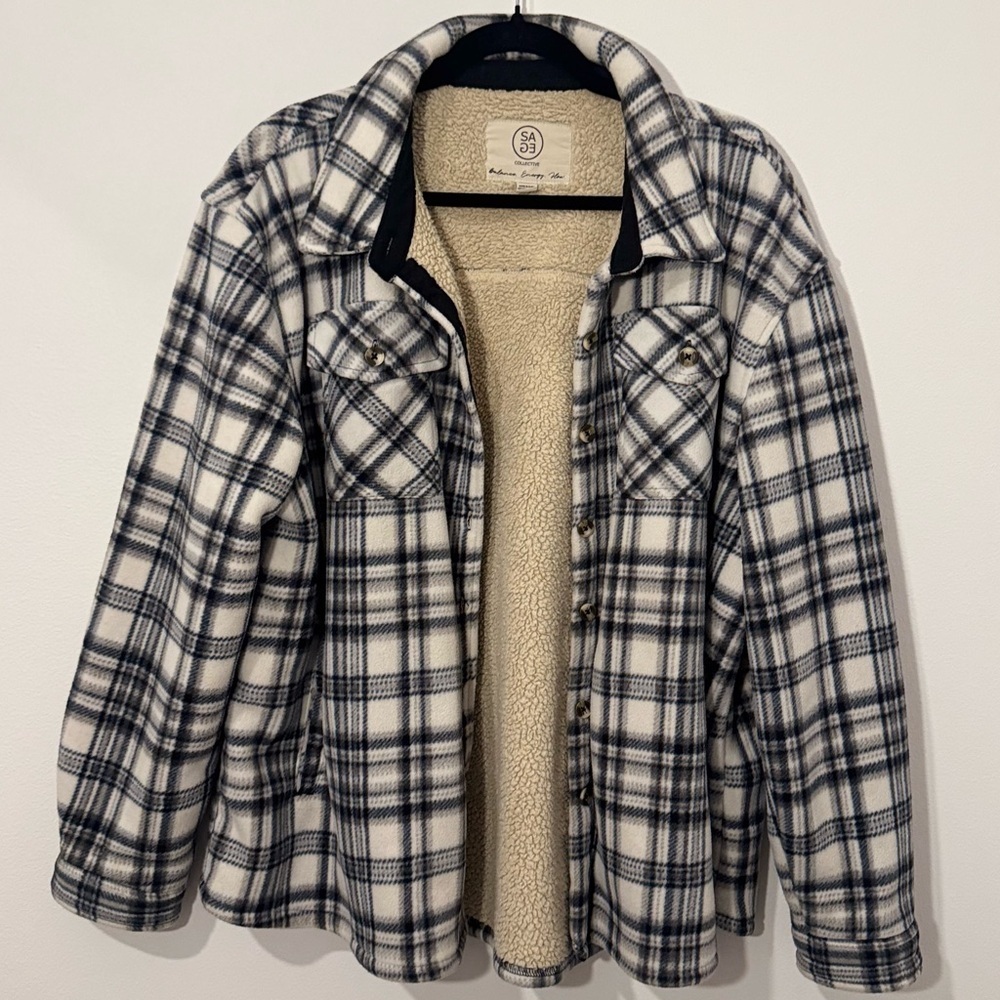 SAGE Collective Plaid Sherpa Lined Shacket Jacket Cream Black XXL - Picture 2 of 9